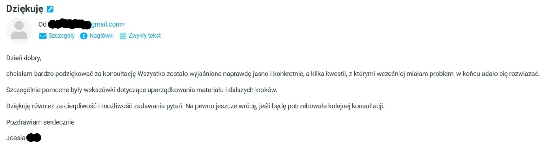 Wiadomość e-mail od klientki Joasi z podziękowaniem za konsultację — jasne wyjaśnienia, wskazówki do uporządkowania materiału i cierpliwa obsługa