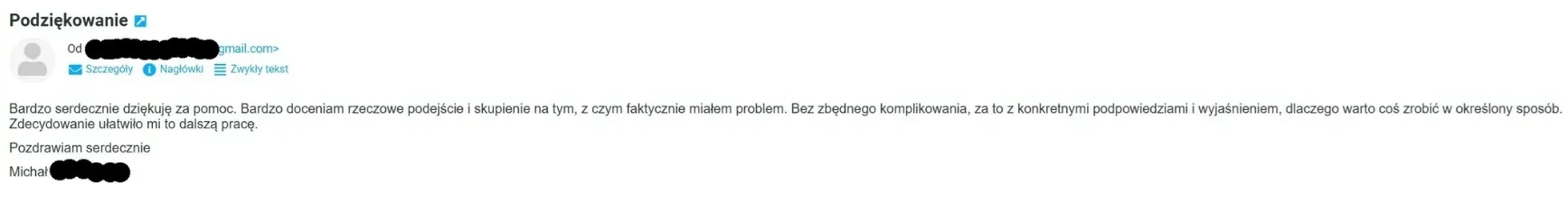 Wiadomość e-mail od klienta Michała z podziękowaniem za pomoc — rzeczowe podejście, konkretne wskazówki i ułatwienie dalszej pracy